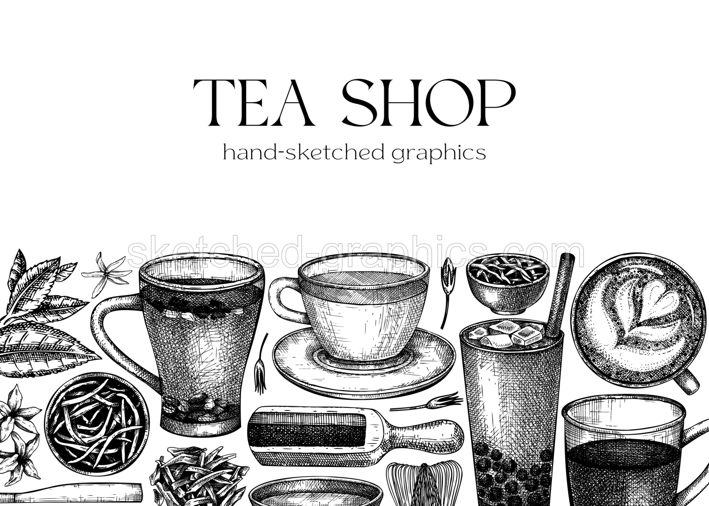 Tea shop or cafe design with hand-sketched tea drinks illustrations. Vector sketches of teacups, glasses, dried leaves, jasmine blossoms. Popular beverages background for menu or banner template Illustration